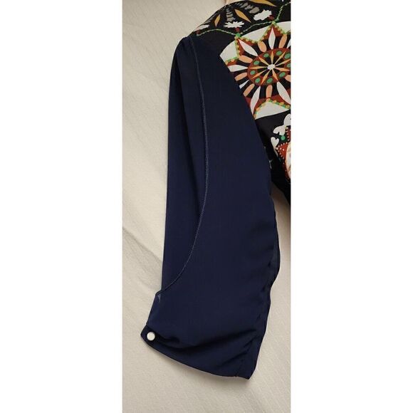 Lan Yi ZI Kou Hi-Low Tunic Blue Geometric Pleated Back 3/4 Sleeve Top Large - Picture 6 of 8